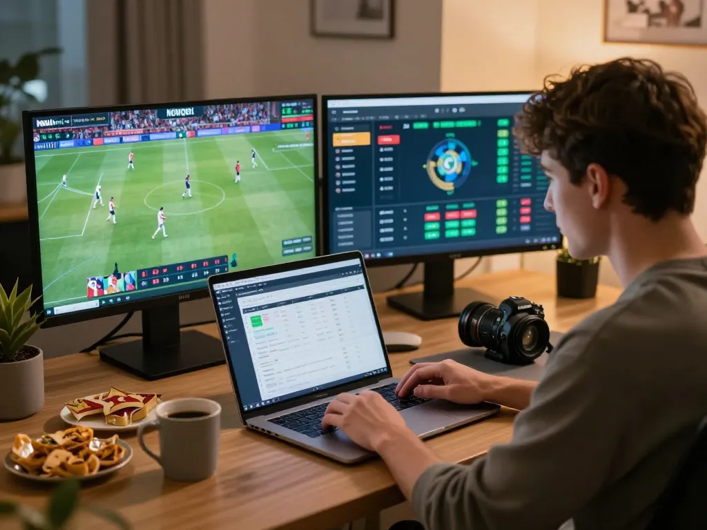 Engaged bettor analyzing live soccer odds on Nowgoal while seated in a modern home office.