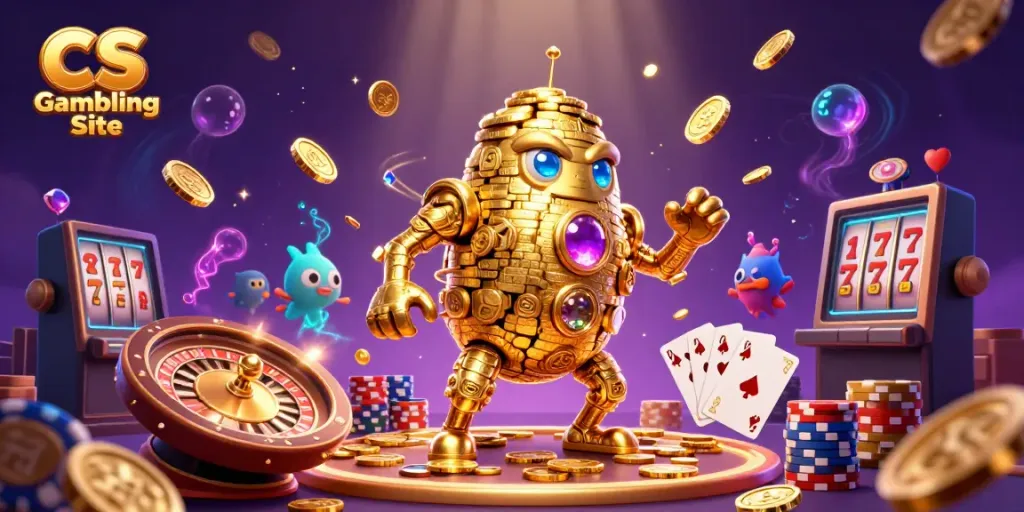 CS Gambling Site featuring a golden golem, roulette wheel, and vibrant casino elements in dynamic scene.