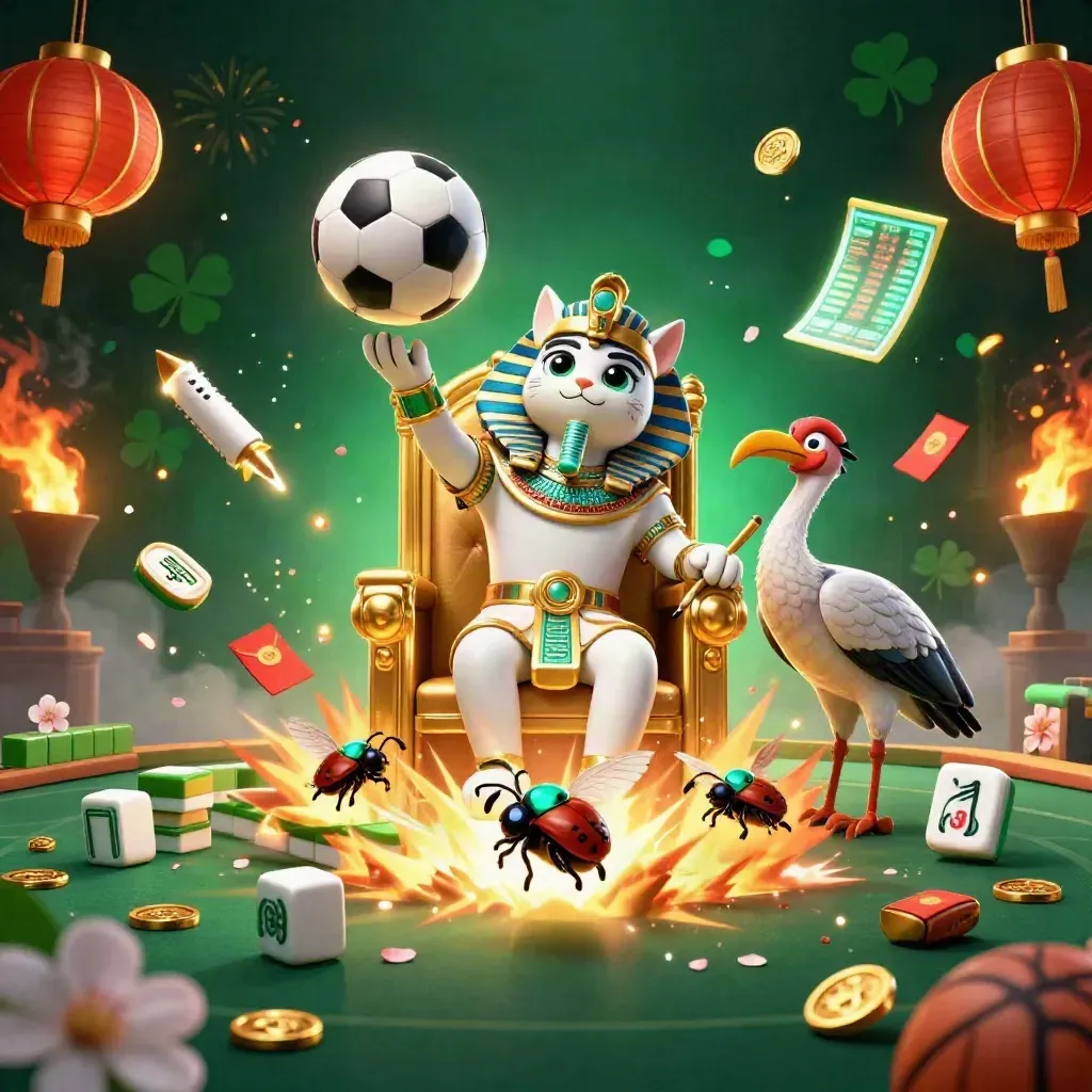 Pharaoh cat, ibis scribe and gem-wing scarabs amid casino sports energy and gold sparks.