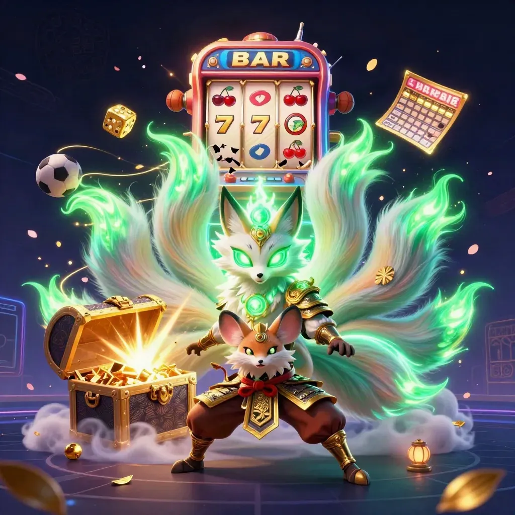 Fox spirit and golden mouse explode with casino loot, neon symbols, and glowing sports props.