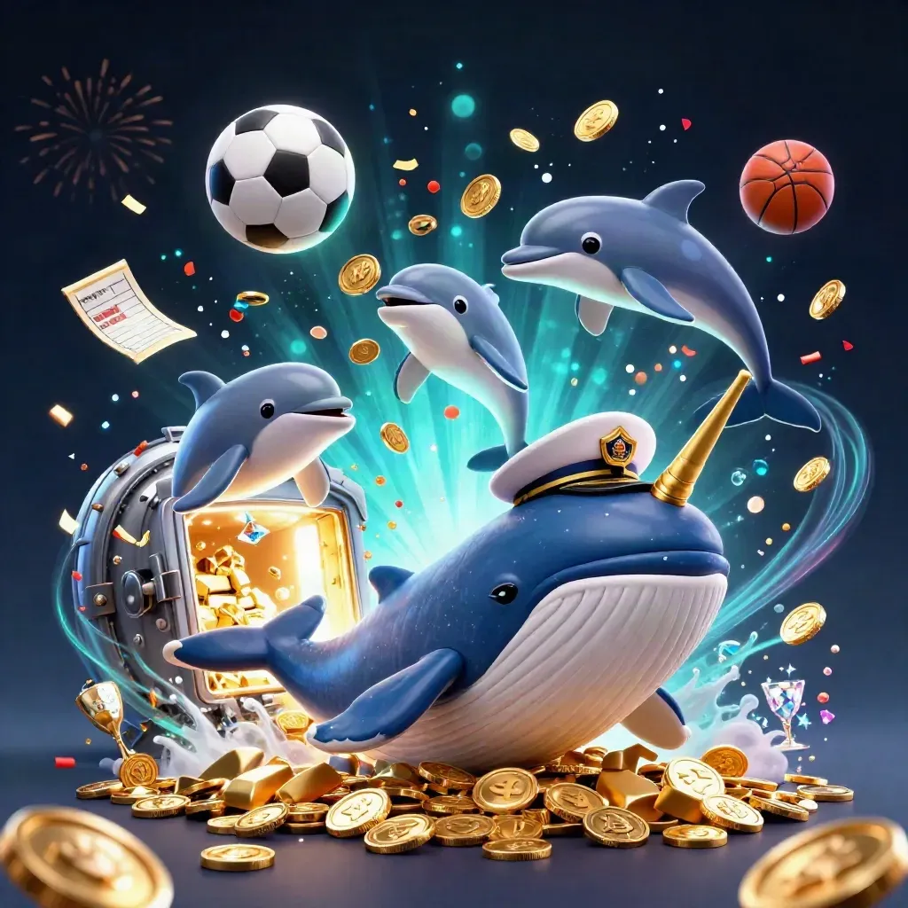 Whale captain, narwhal, and dolphins burst through coins with a soccer ball and casino glow.
