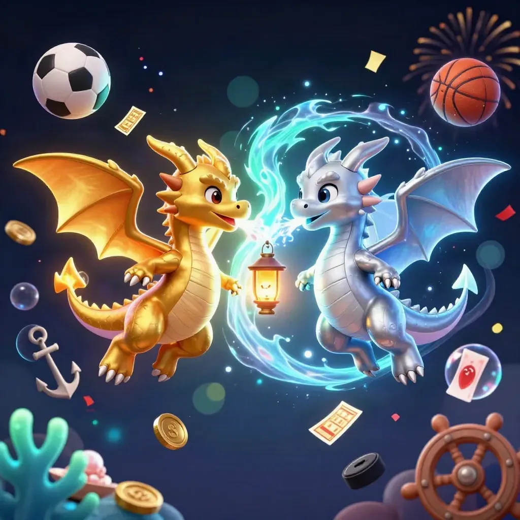 Twin gold and silver dragons swirl with fire and ice above casino sports and treasure icons.