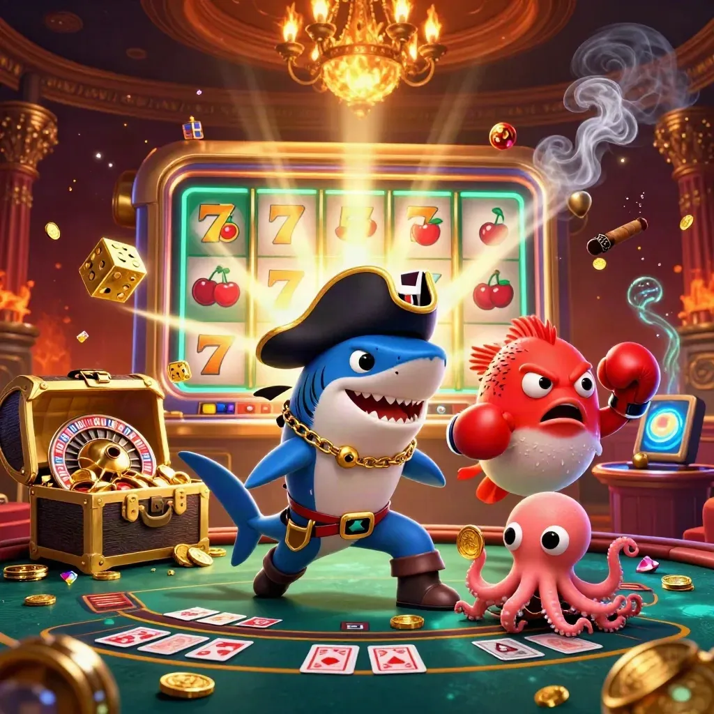 Pirate shark, red pufferfish, and baby octopus amid casino chaos and gold glow.