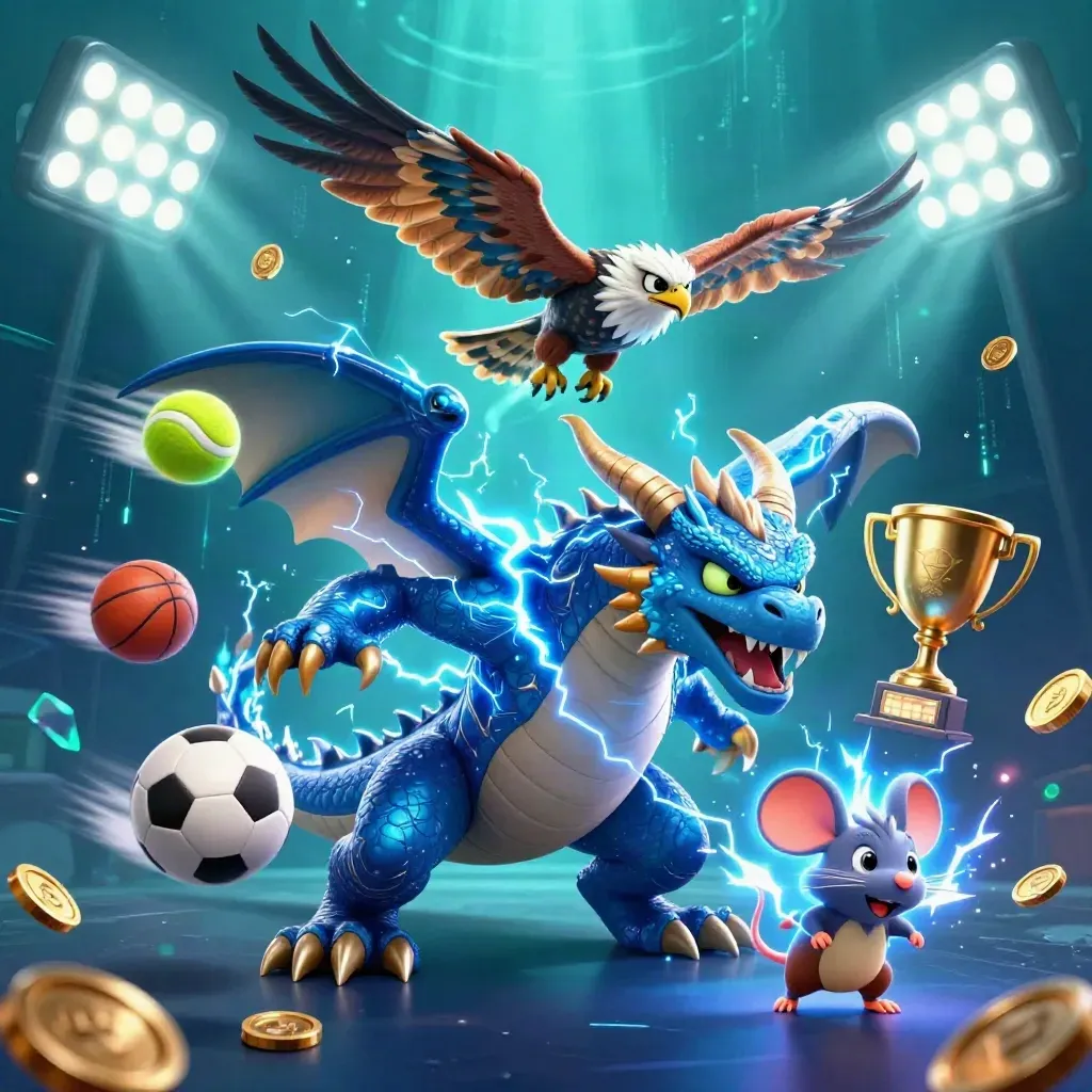 Thunder dragon, wind hawk, and static mouse amid sports balls, gold, and neon green casino glow.