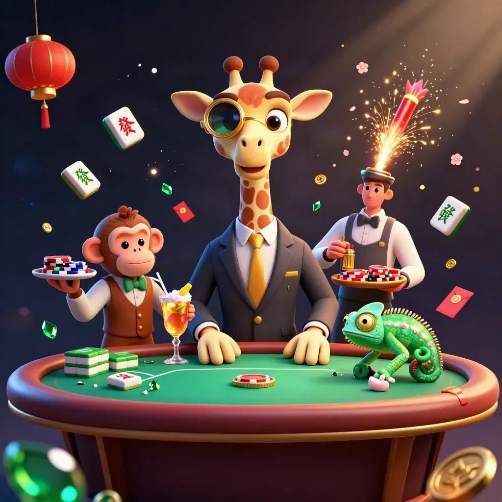 Giraffe high roller, monkey valet and chameleon bartender amid gold casino magic and flying treasures.