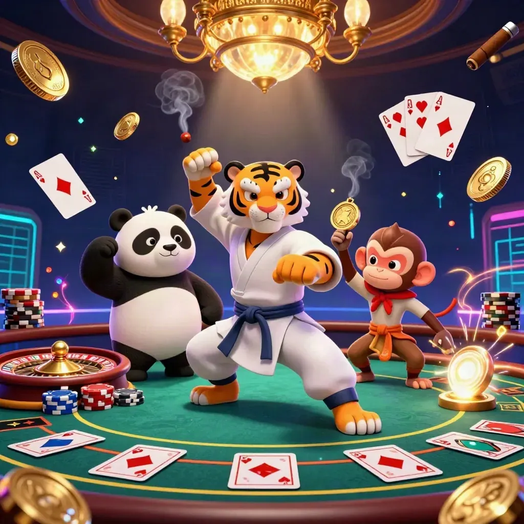 Tiger, panda, and monkey in a neon casino, coins, gems, roulette, cards, chips, and chandelier glow