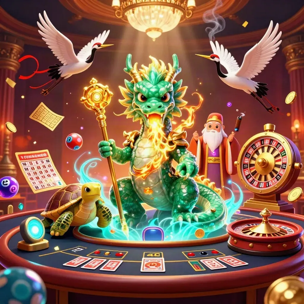 Emerald dragon, turtle sage, and cranes amid casino lights, wheels, cards, and glowing gold effects.