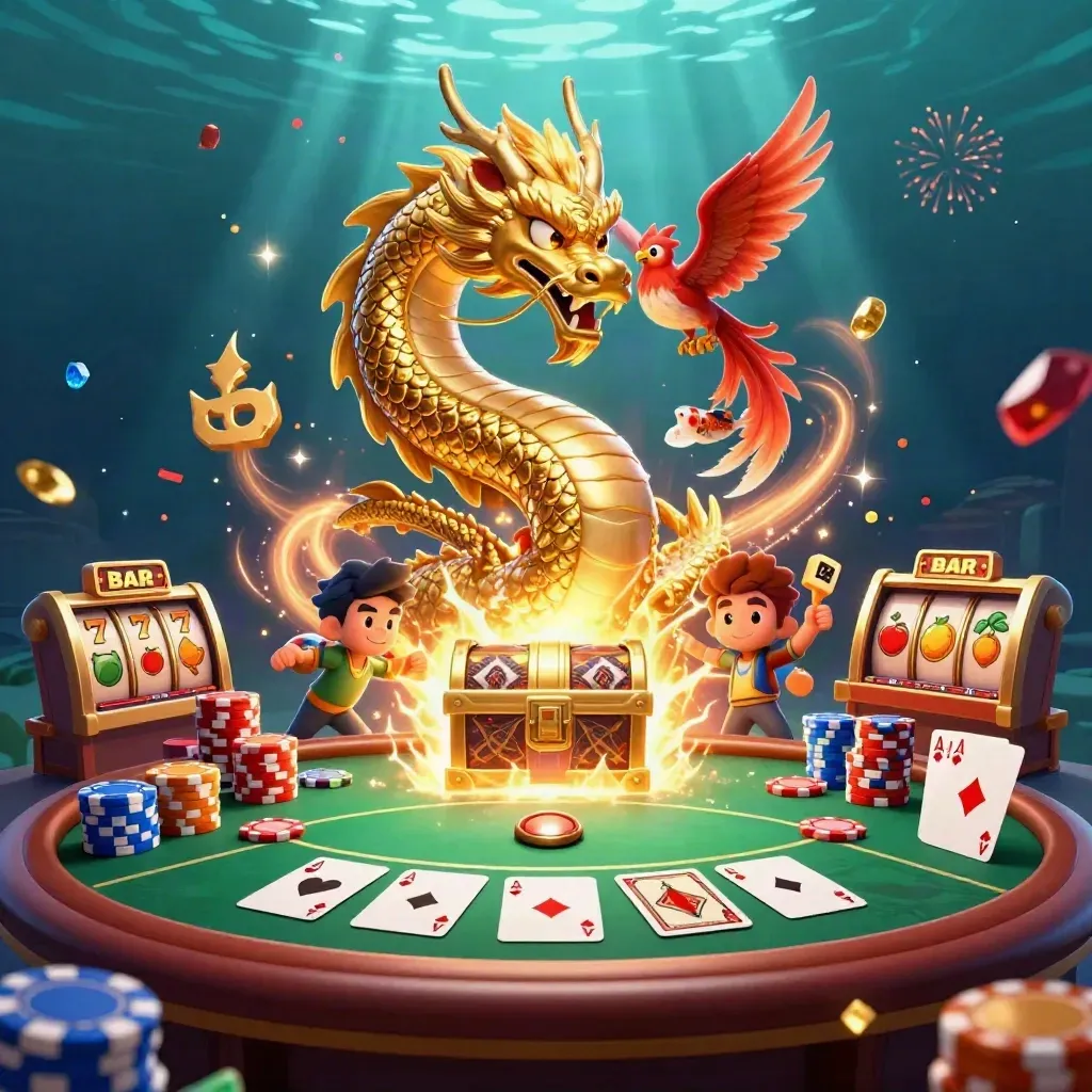 Golden dragon, phoenix and koi burst from treasure amid casino chips and neon glow.