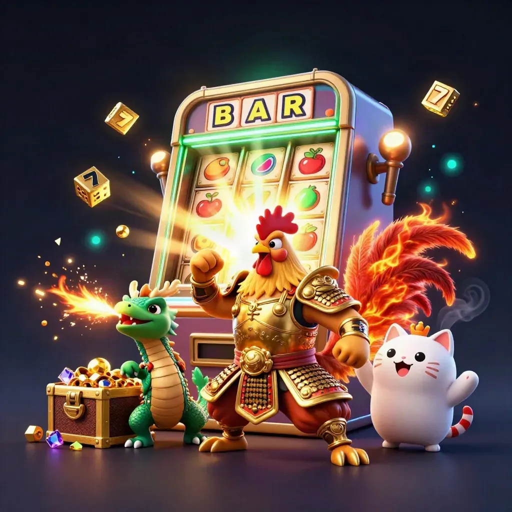 Rooster warrior, dragon hatchling, and fortune cat amid exploding casino treasure and glowing lights.