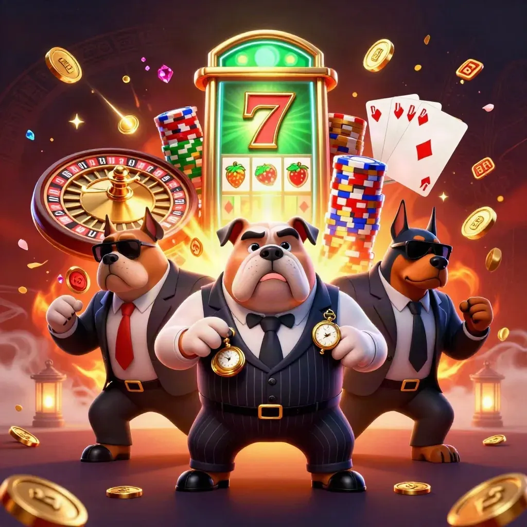 Cartoon mafia bulldog with Dobermans amid casino loot, roulette, chips, gems, and ember glow.