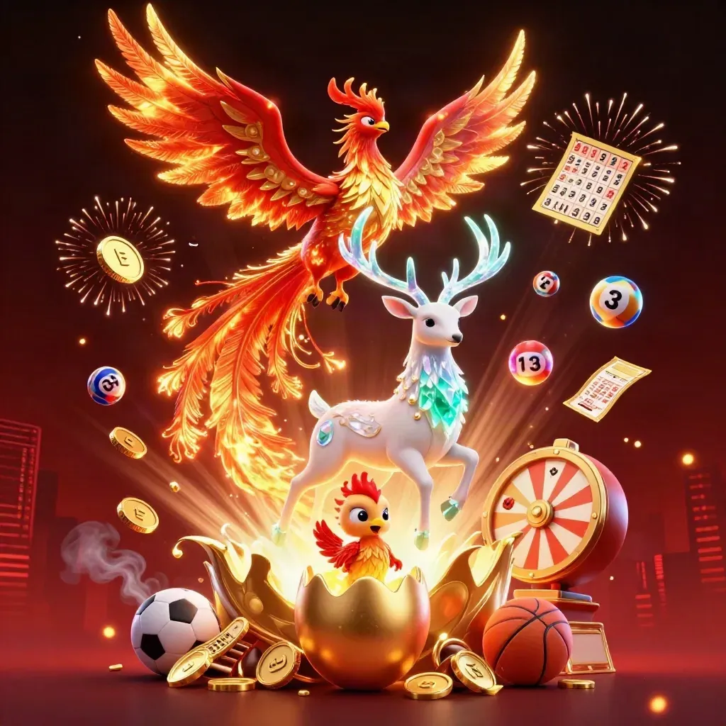 Fire phoenix, baby phoenix, and crystal stag amid coins, fireworks, balls, and casino prizes.