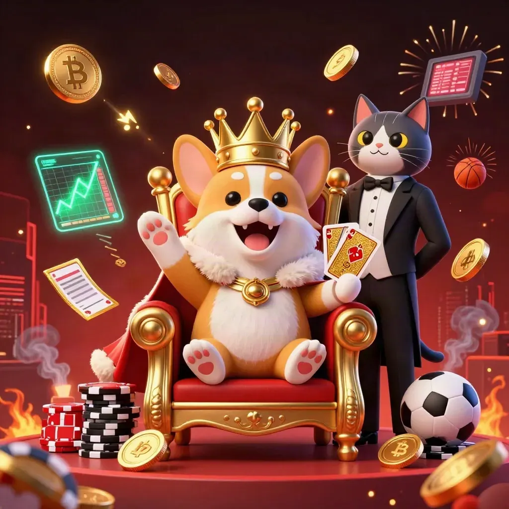 Royal corgi and cat butler amid bursting coins, crypto, sports bets, and neon casino glow.