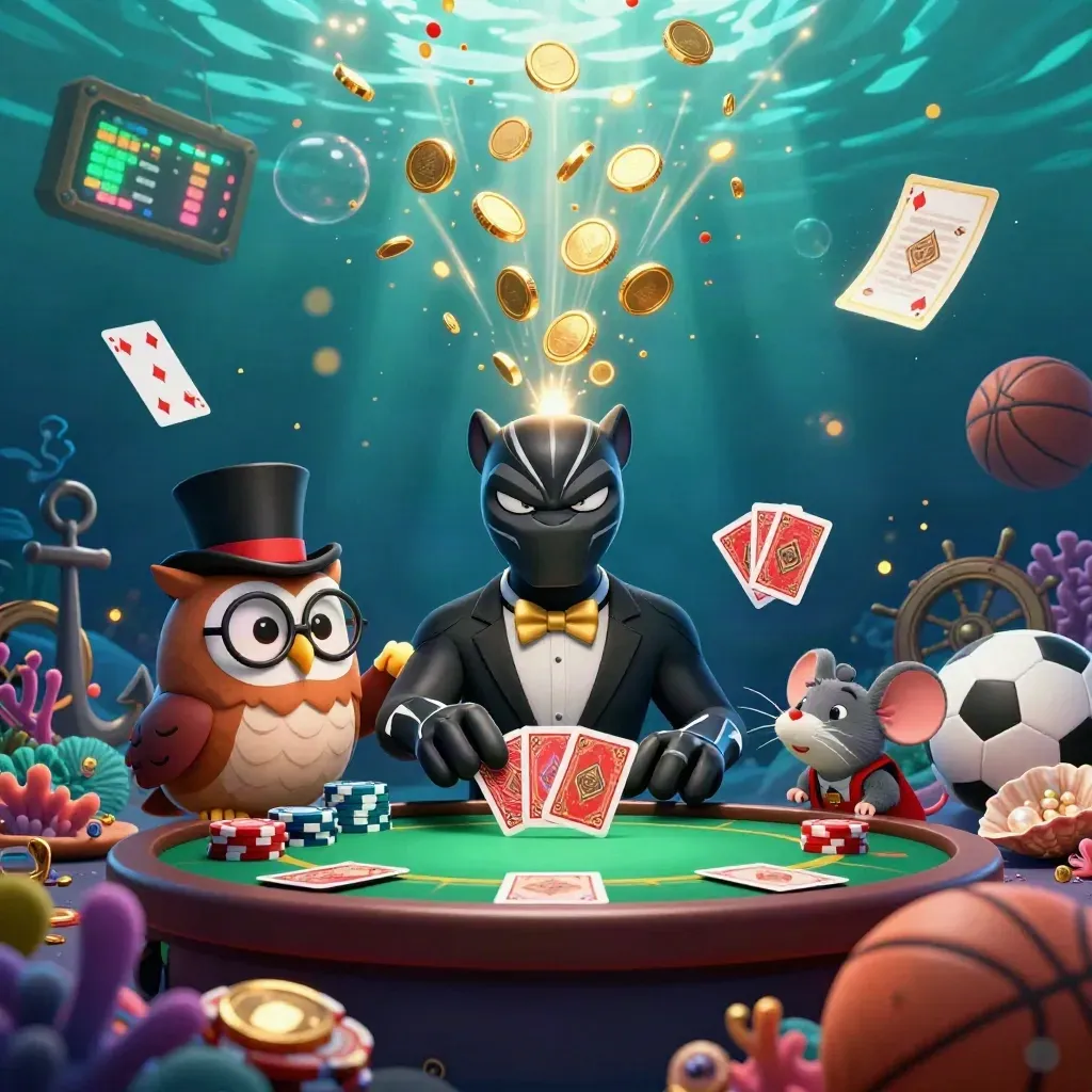 Panther, owl, and mouse amid gold coins underwater with sports props and fireworks