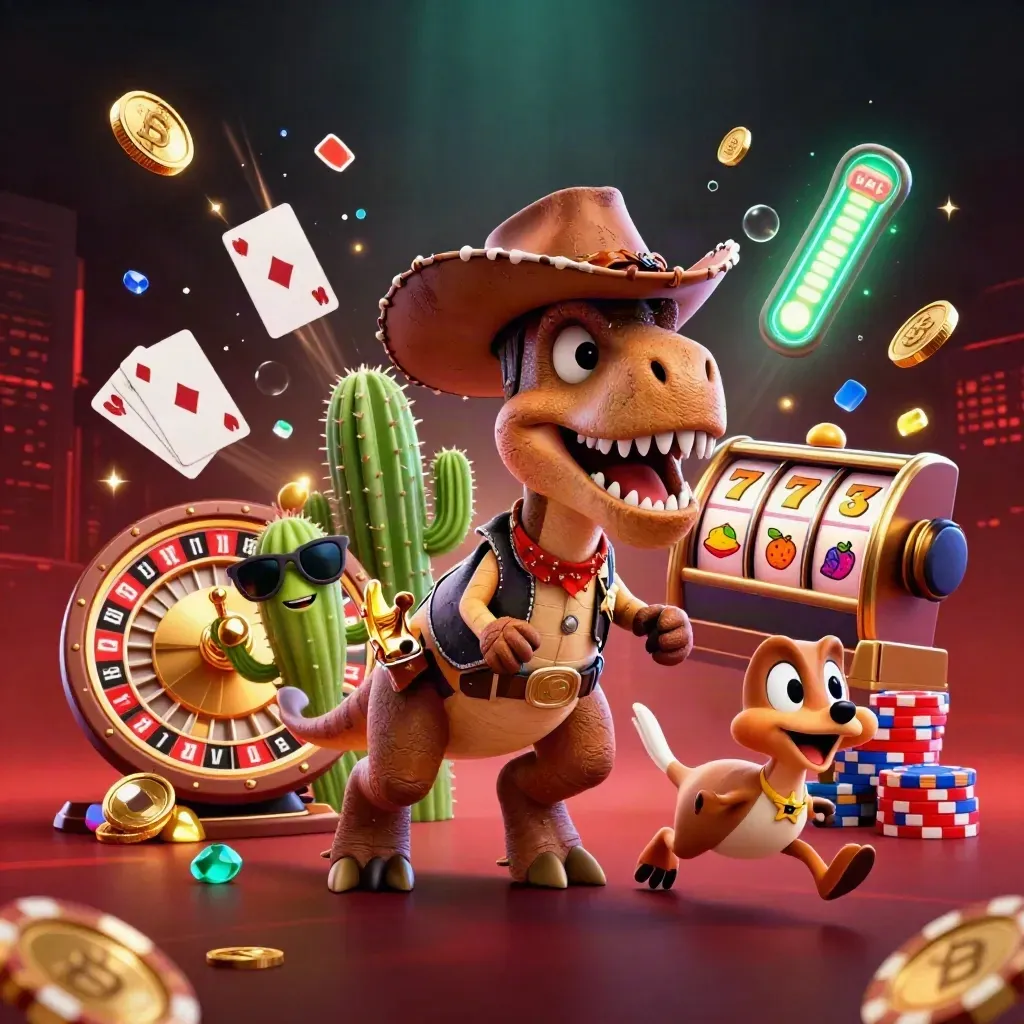 3D cowboy T-Rex trio with casino props, gold coins, glowing reels, dark neon background