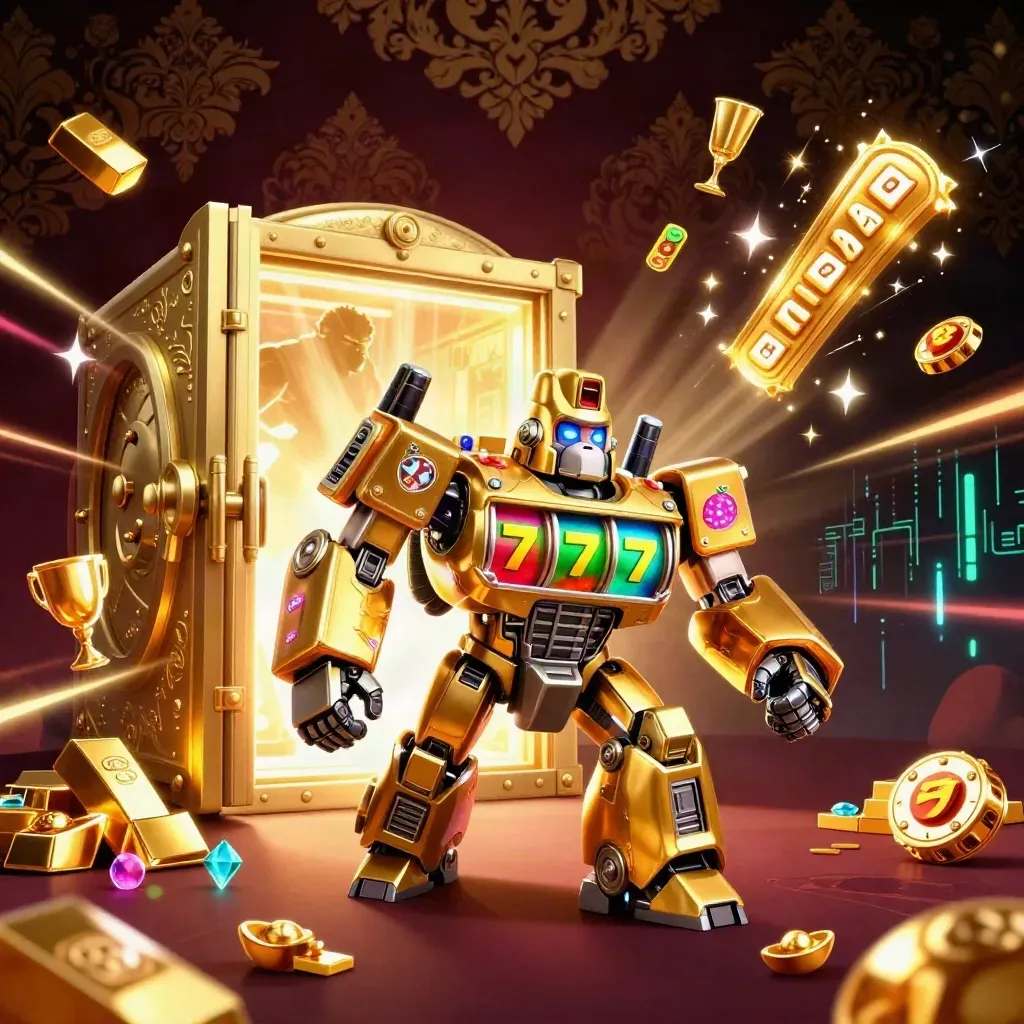 Golden gorilla slot-mech with tiny pilot, vault blast, gold and green casino glow.