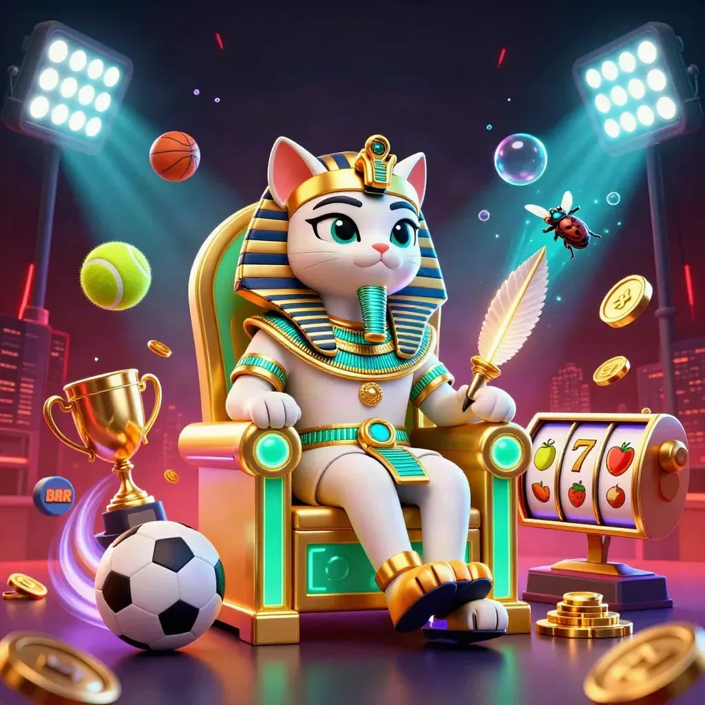 Pharaoh cat throne scene with ibis scribe, scarabs, sports balls, coins, and neon casino glow.
