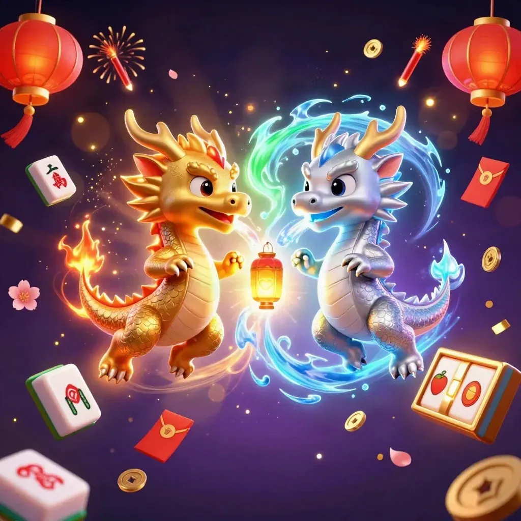 Twin gold and silver dragons spiral with casino icons in a neon glow.