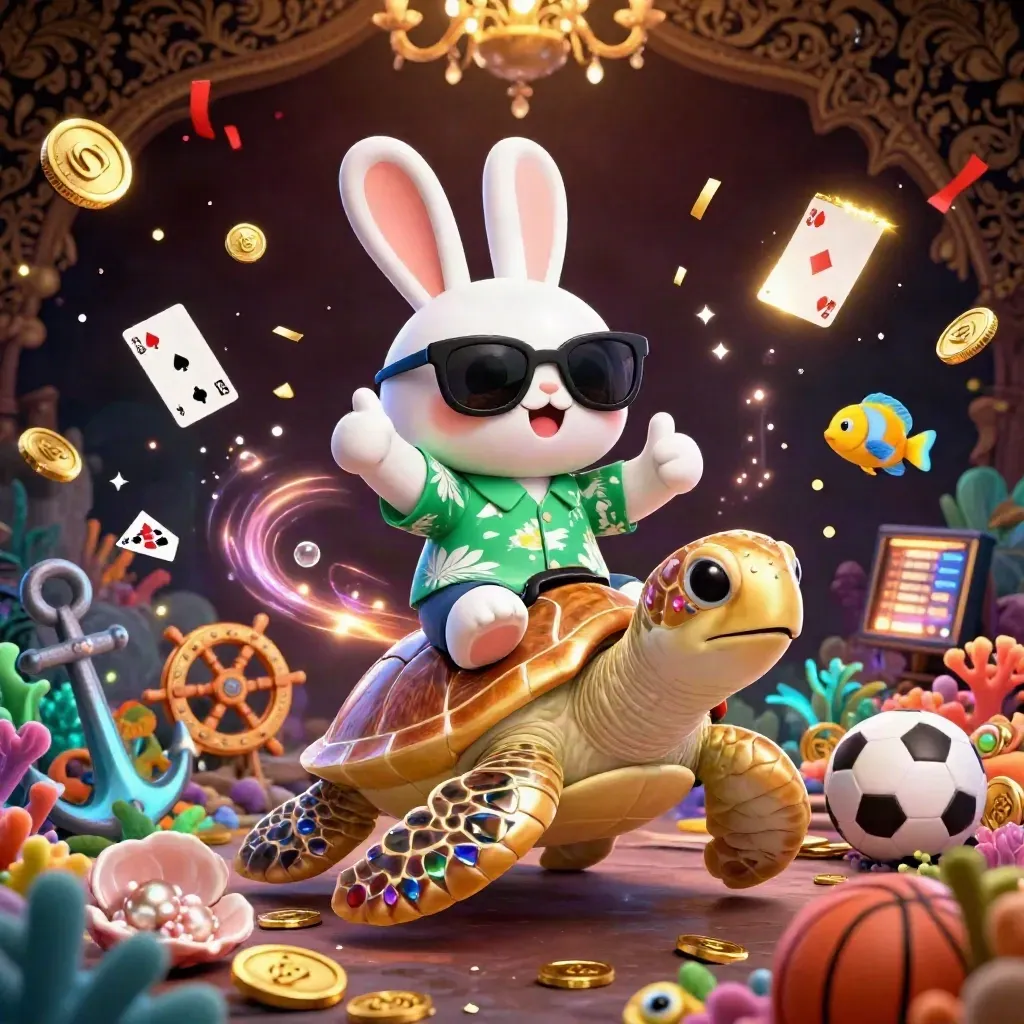 Lucky rabbit on a jeweled sea turtle amid coins, coral, cards, and casino rewards