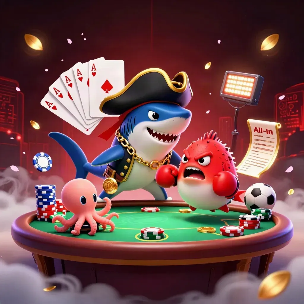 Pirate shark, pufferfish, and octopus amid poker chips, cards, coins, and casino glow
