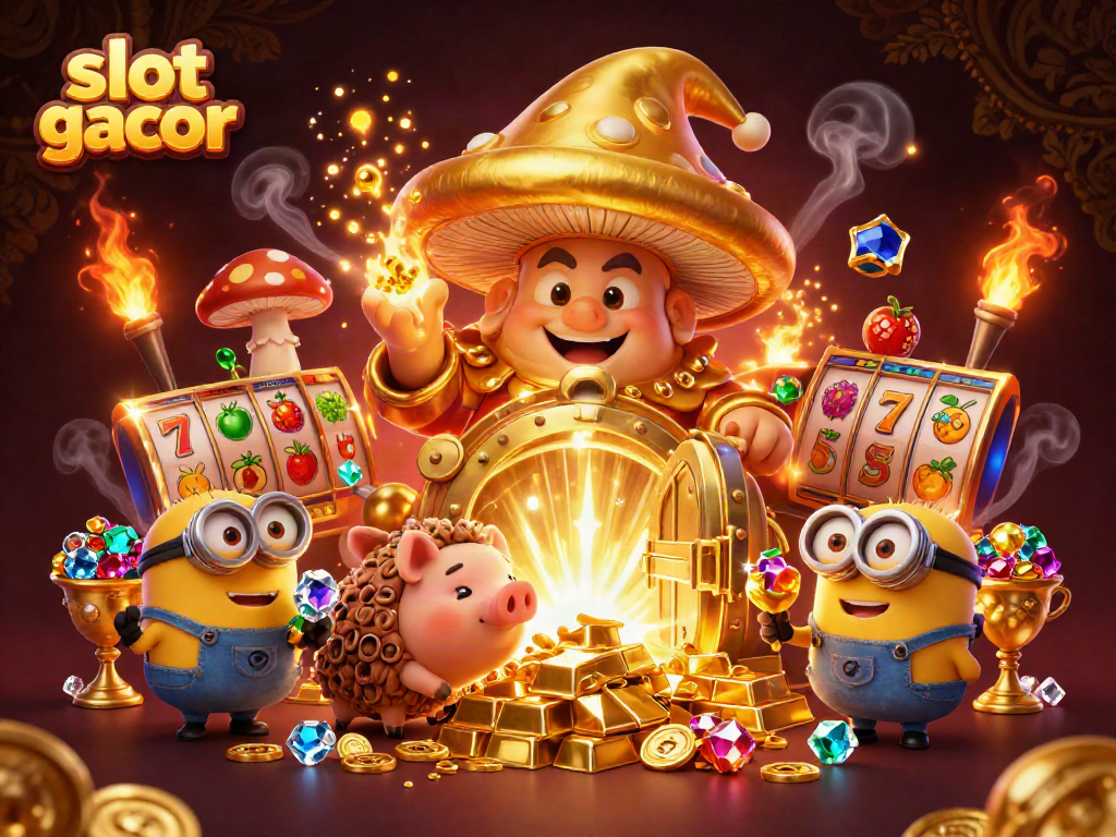 Slot gacor mengg menggandeng karakter wizard jamur emas dengan samping dan minion membawa permata dalam suasana kasino yang lebih cerah.