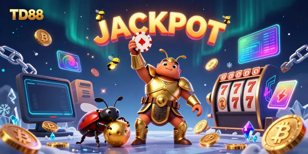 Win big with TD88's dynamic gaming scene featuring a victorious beetle hero, coins, and jackpot symbols.