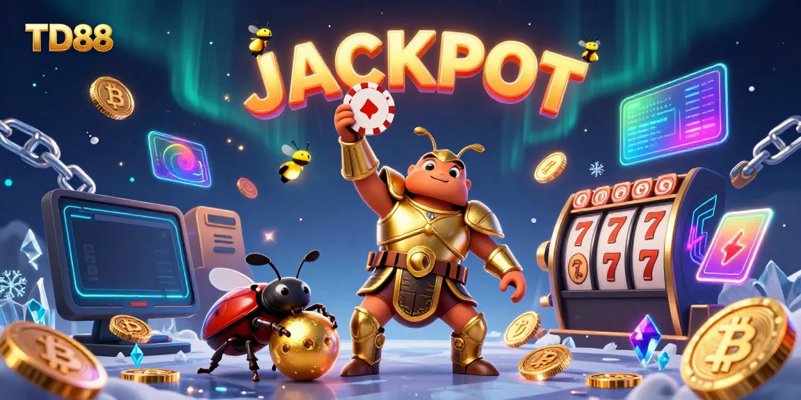 Win big with TD88's dynamic gaming scene featuring a victorious beetle hero, coins, and jackpot symbols.