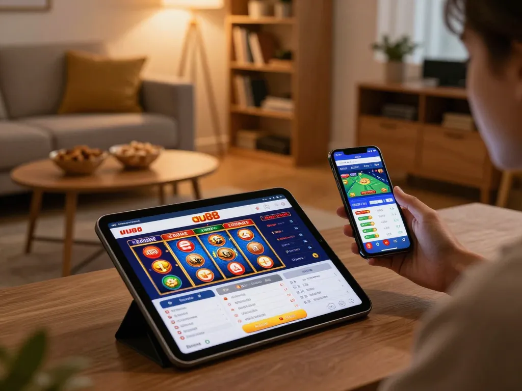 Engaged player navigating au88 casino on tablet, showcasing responsible gaming in a cozy home.