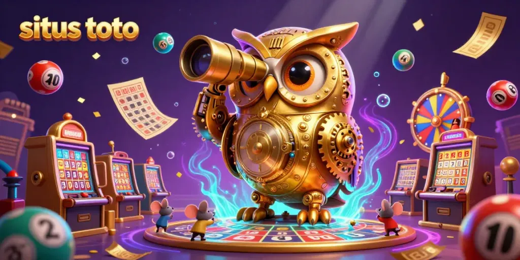 Permainan situs toto memikat dengan bola lotere berwarna dan tiket emas mengelilingi burung hantu emas yang mengawasi kasino.