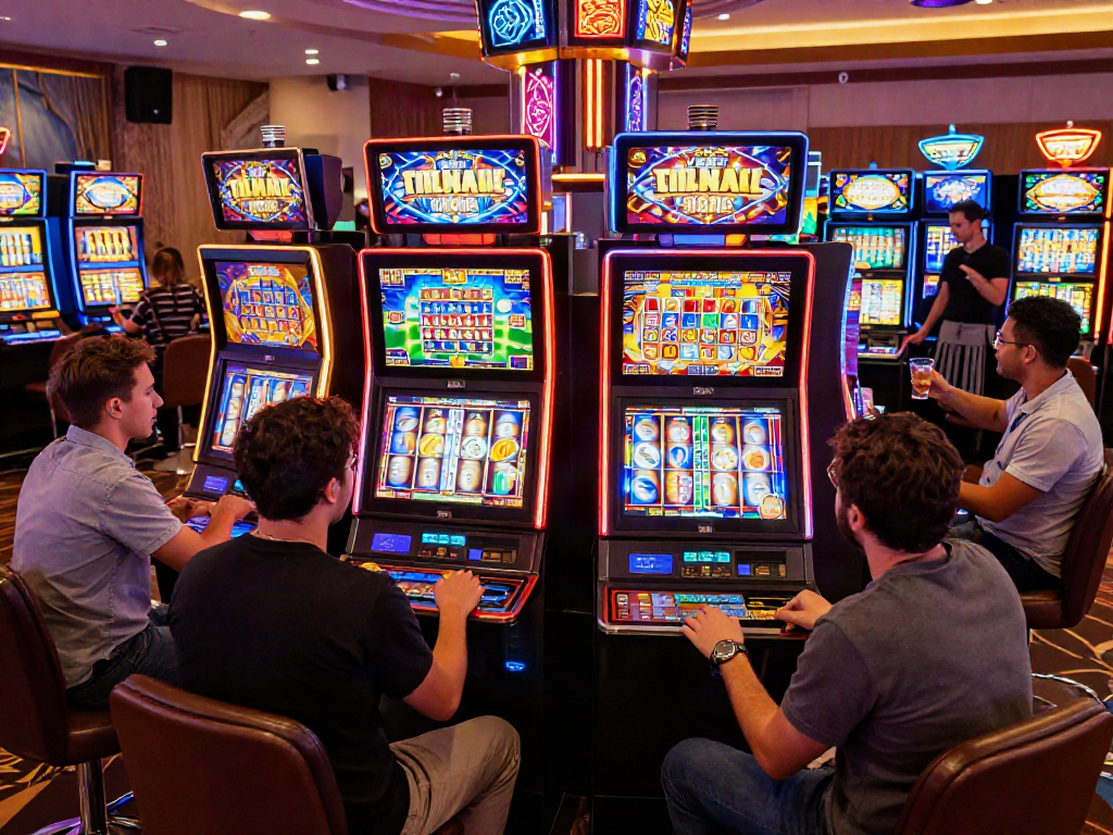 Players engaged with vibrant slot machines in a lively casino atmosphere, highlighting the excitement of gaming.
