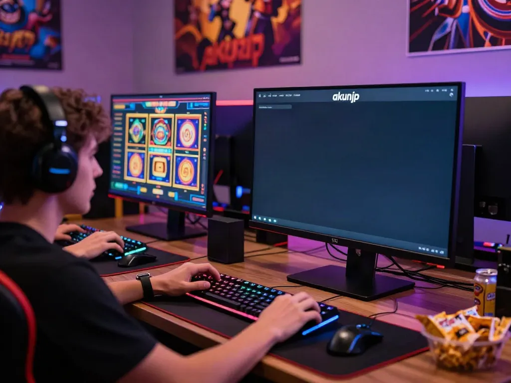 Exciting gaming scene highlighting the 'akunjp' online platform with colorful slot displays and gaming setup.
