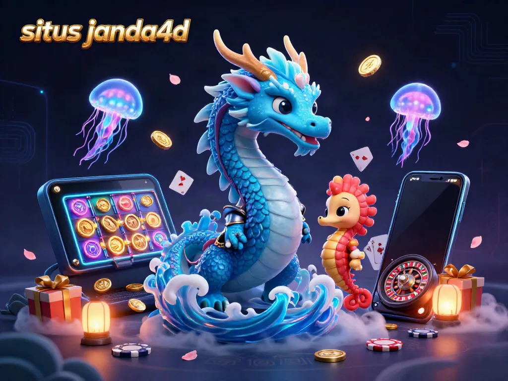 Gambarkan situs janda4d dengan naga air 3D dan elemen kasino menarik seperti slot game dan koin emas.