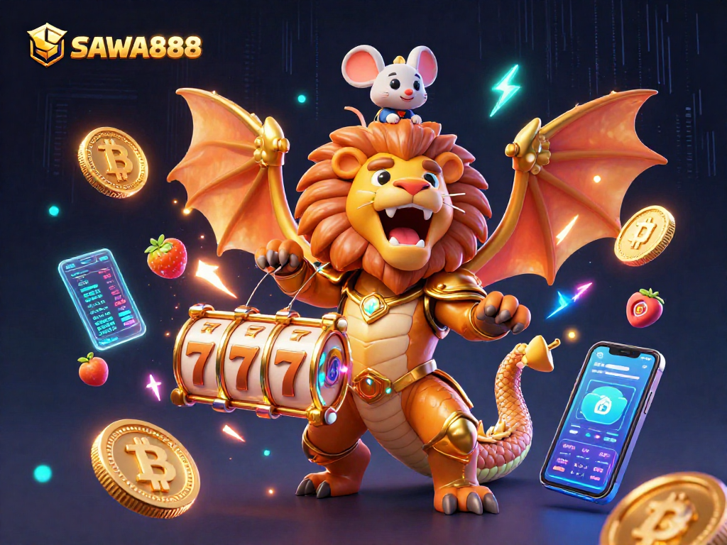 SAWA888 features a triumphant golden chimera amidst vibrant slot reels and neon crypto elements.