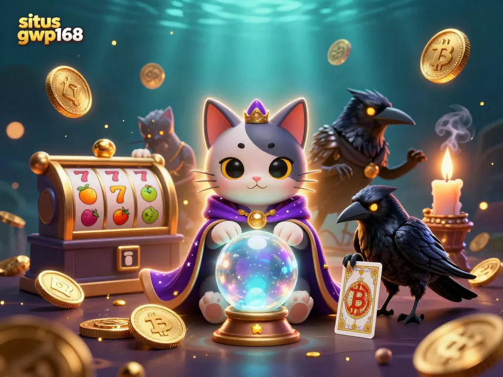 Menangkan permainan di situs gwp168 dengan ilustrasi mistik kucing peramal, burung gagak, dan slot gacor.