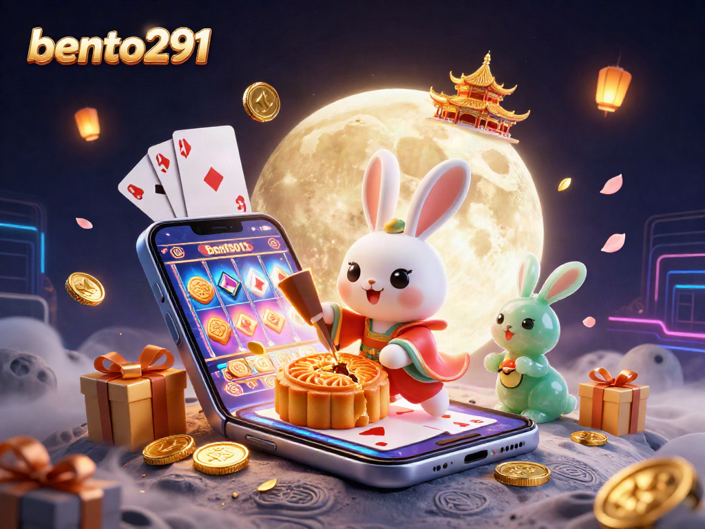 Bento291 showcases a vibrant scene with a moon rabbit character amidst casino elements like poker chips and slot games.