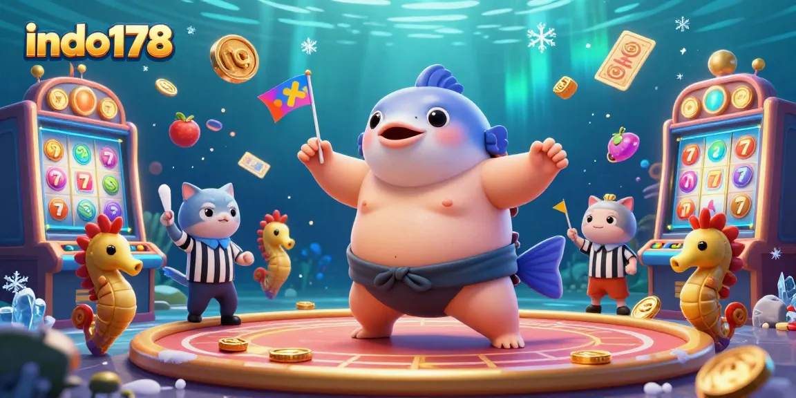 Experience the excitement at indo178 with a fugu character in a lively underwater casino scene, achieving jackpots and winning bonuses.
