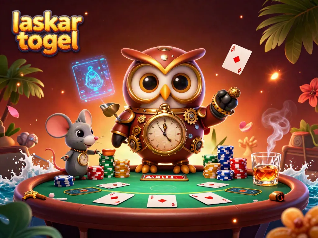 Engage in thrilling laskar togel gaming with a 3D owl and mouse at a vibrant casino.
