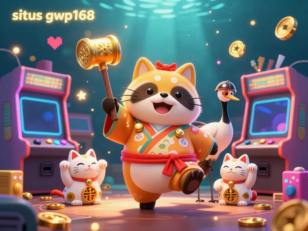 Gambarkan pengalaman bermain situs gwp168 dengan karakter kucing keberuntungan dan permainan arcade yang penuh warna.