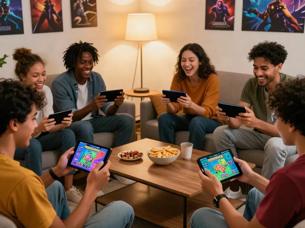 Friends enjoying the Rumble Rummy app together in a vibrant living room