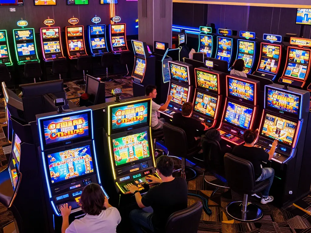 Players celebrating wins at slot depo 5k gaming machines in a vibrant casino atmosphere.