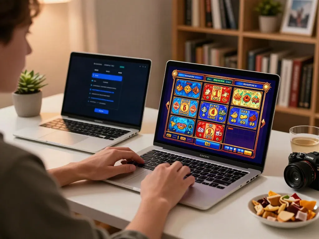 Person enjoying an online gambling session with akunjp games in a cozy home office.