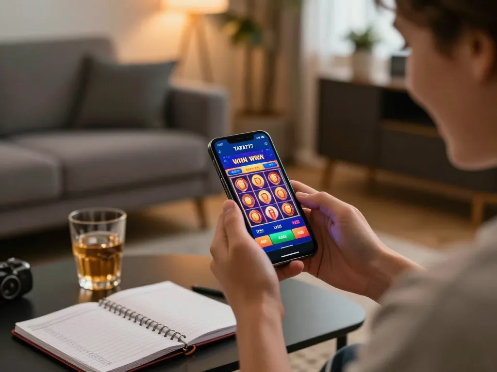 TAYA777 app user celebrating a win while enjoying home gaming with colorful slot graphics on smartphone.