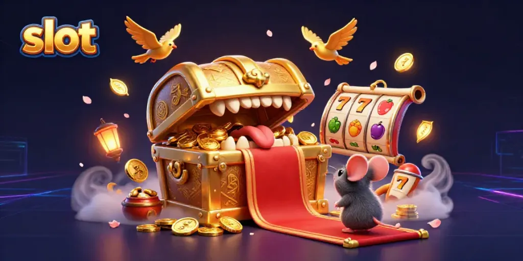 Engaging slot game scene depicting a golden treasure chest and vibrant symbols enticing players.