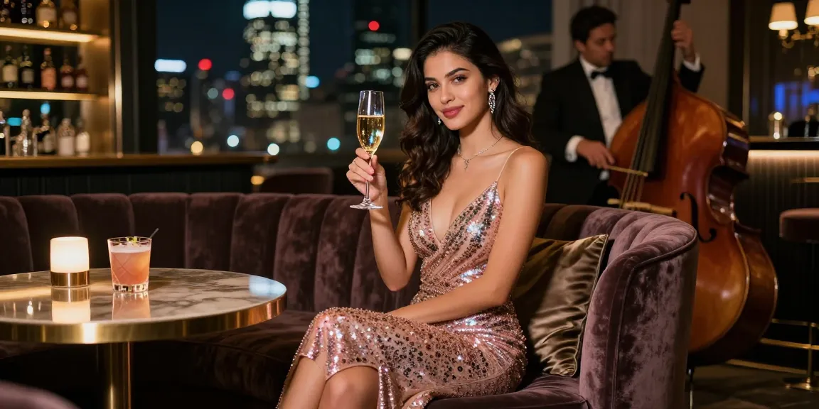 Gái gọi trong không gian lounge sang trọng, ánh đèn thành phố lấp lánh.