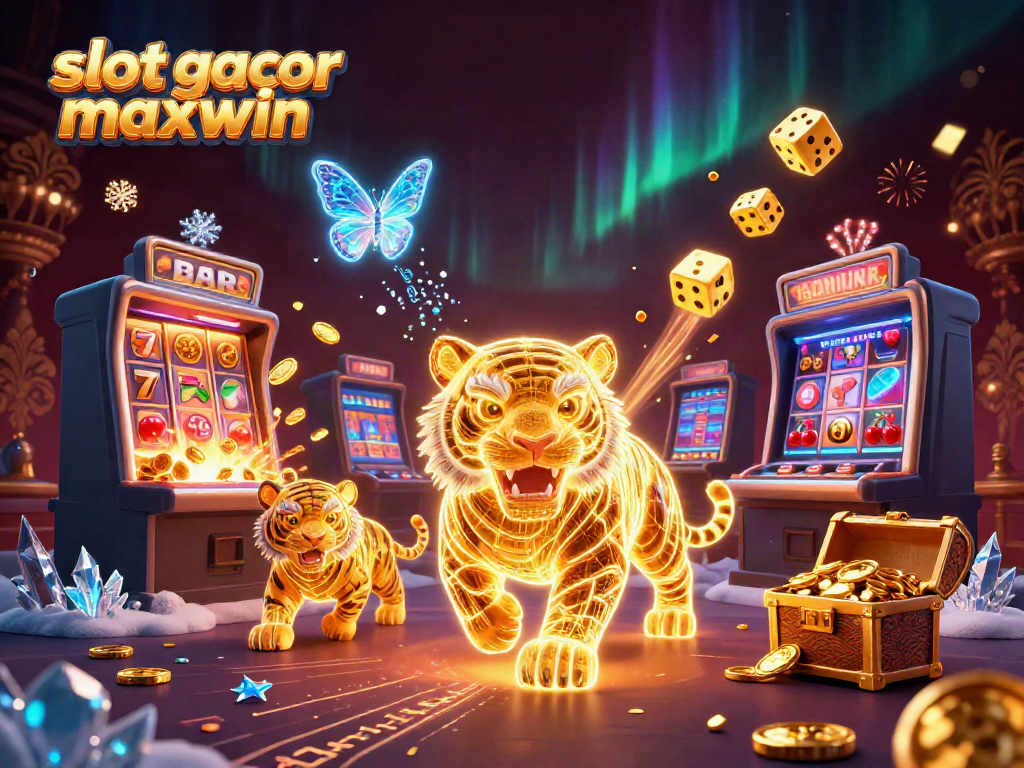 Permainan slot gacor maxwin dengan jackpot melimpah dan simbol kasino berkilau.