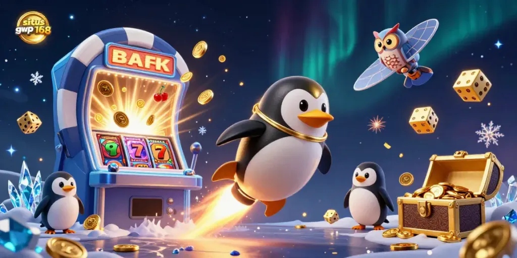 Melihat situs gwp168 dengan penguin emas yang terbang menuju stasiun kasino berwarna cerah dan slot mesin yang penuh koin.