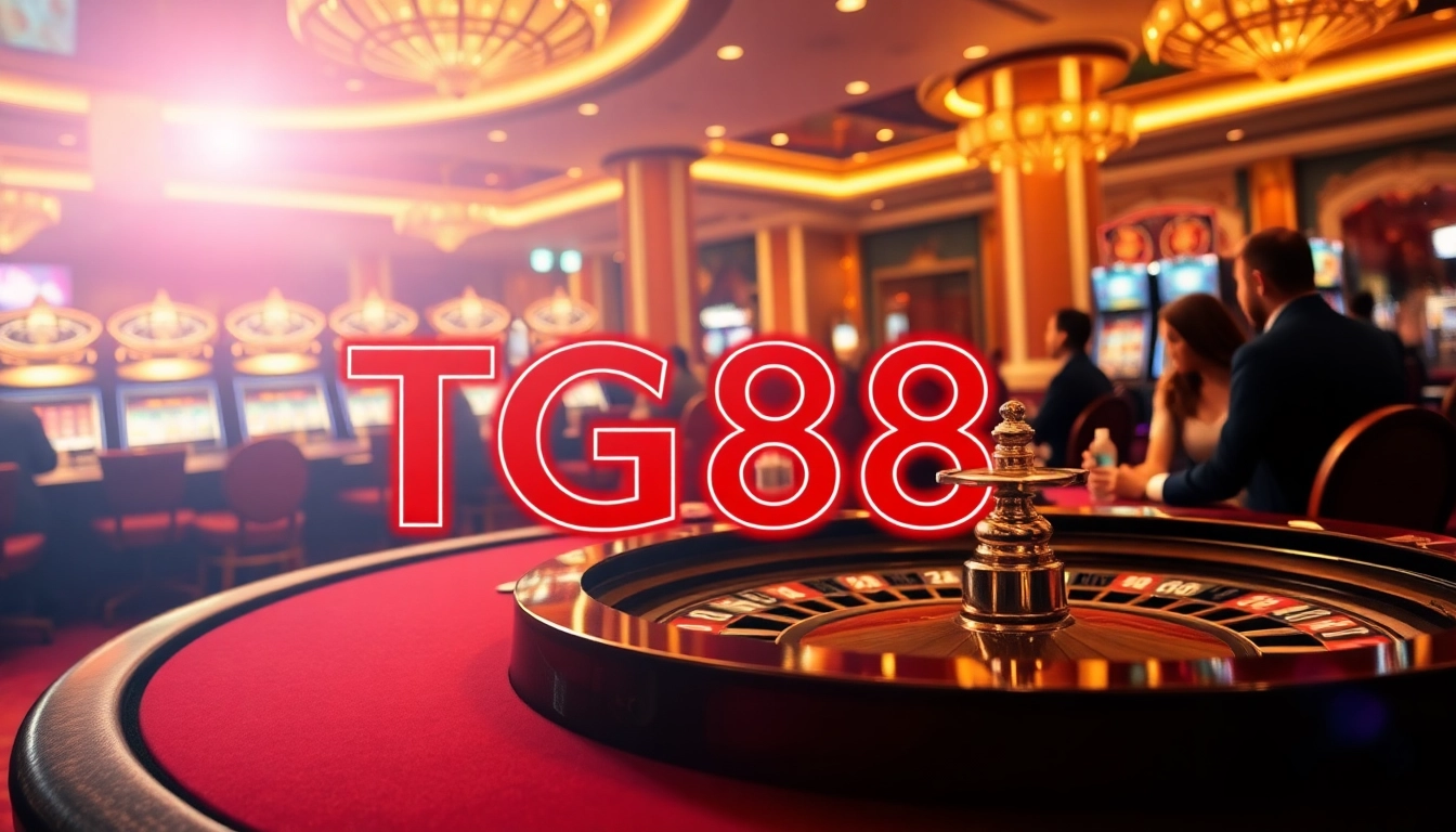 Engage in high-stakes gameplay at the TG88 casino with vibrant poker chips and roulette excitement.