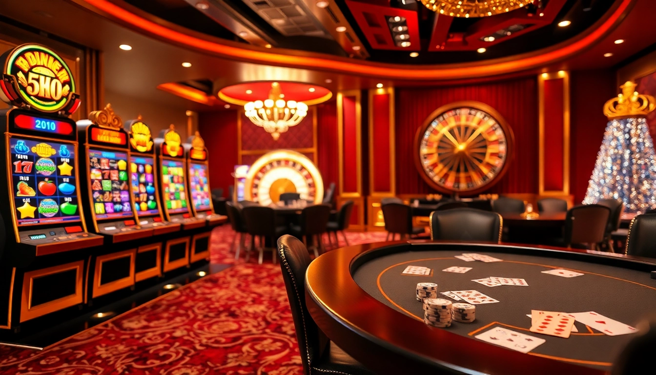 Experience the excitement of a slot demo in a luxurious casino setting with vibrant machines and elegant tables.