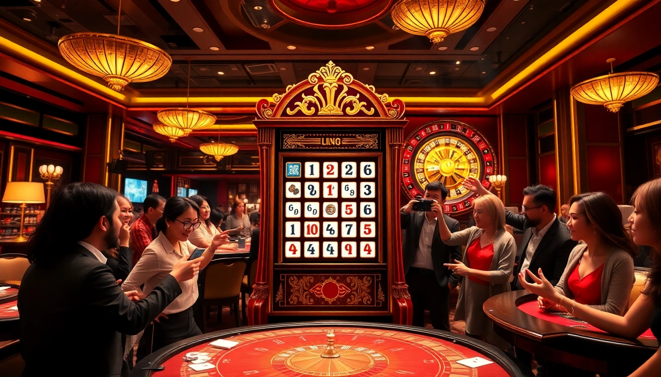Players enjoying the slot mahjong machine at a luxurious casino, celebrating wins.