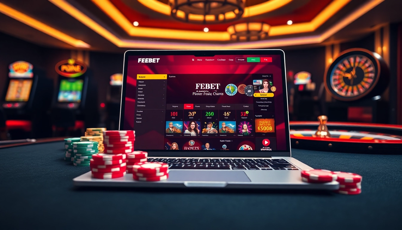 Play exciting games at http://febet7.club/ with a dynamic casino ambiance adorned with poker chips and roulette wheels.