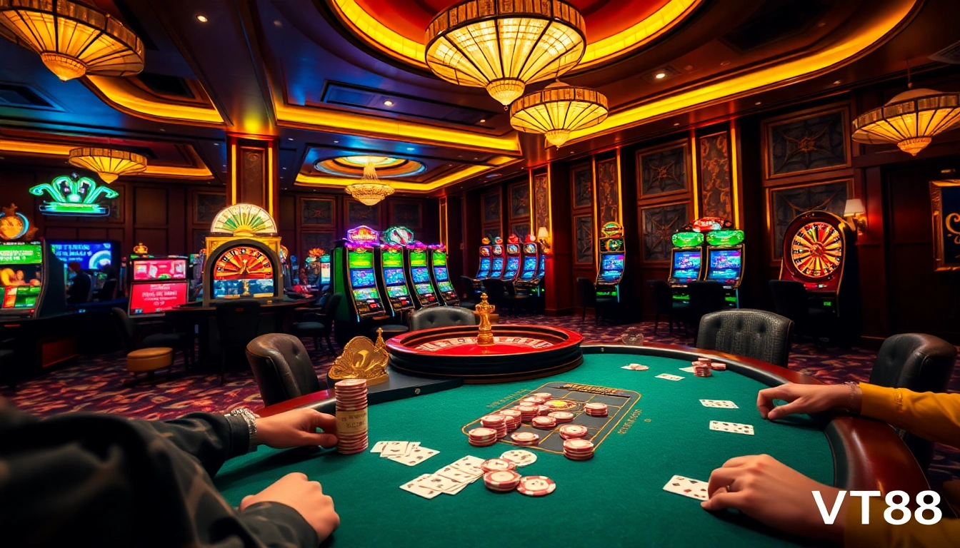 Players strategizing at a poker table in the elegant atmosphere of TRANG CHỦ VT88 casino.